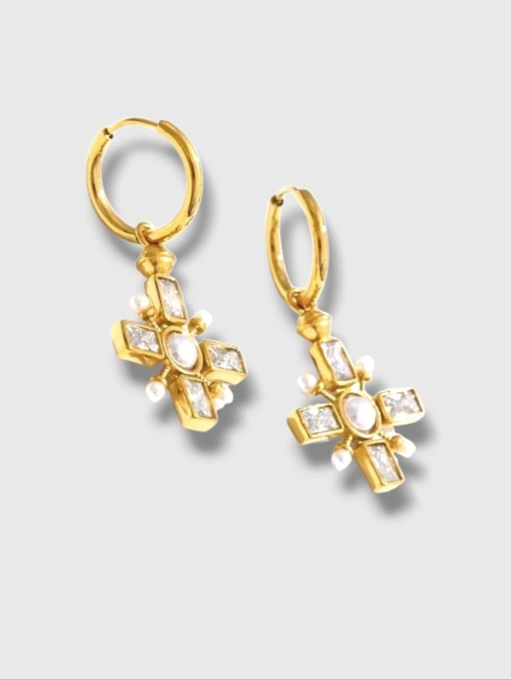 New! Baroque Golden Pearl& Crystal Cross Hoop Earrings • Gold Plated NWOT #2015